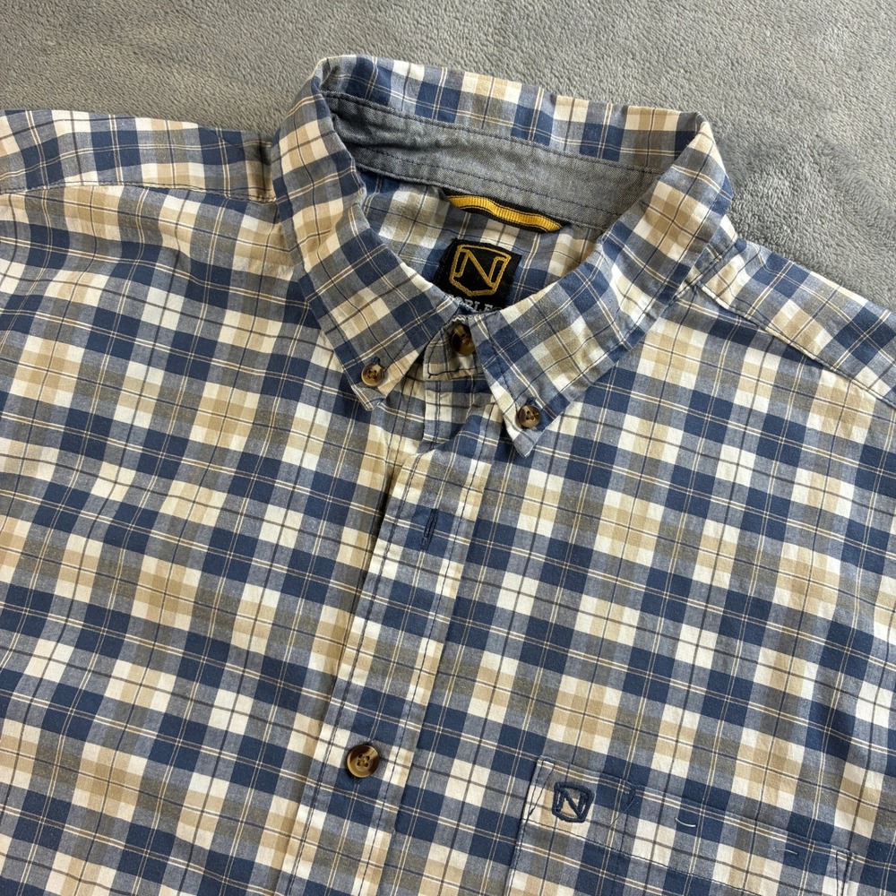 Noble Outfitters Mens XL Tall Blue Tan Plaid Short Sleeve Button Down Shirt